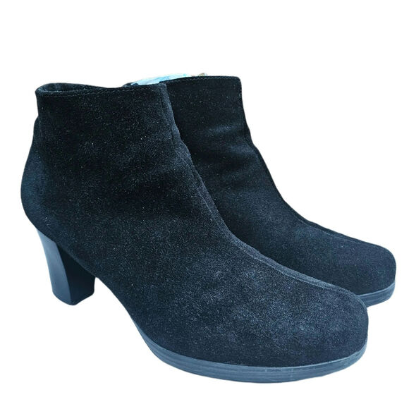 Black Suede LaCanadienne Boots Size 8 Leather Heeled Ankle Bootie Zip Waterproof - Picture 1 of 13